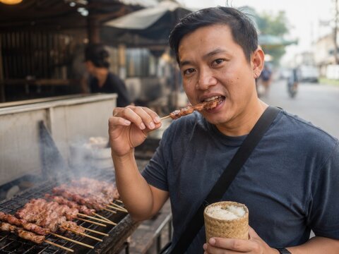Mann genie&szlig;t frisch gegrillte Moo-Ping-Schweinefleischspie&szlig;e mit Klebreis direkt am Grillstand &ndash; rauchiges, authentisches Thai Streetfood in entspannter Alltagsszene.