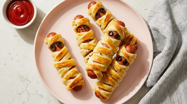 Halloween Mummy Hot Dogs Wrapped In Pastry With Olive Eyes Party Food