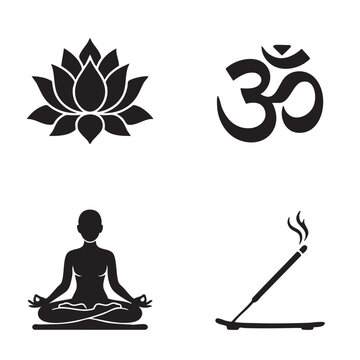 Lotus Flower, Om Symbol, Meditating Silhouette, and Incense Icon Set on White Background for Spiritual Wellness and Yoga Concept