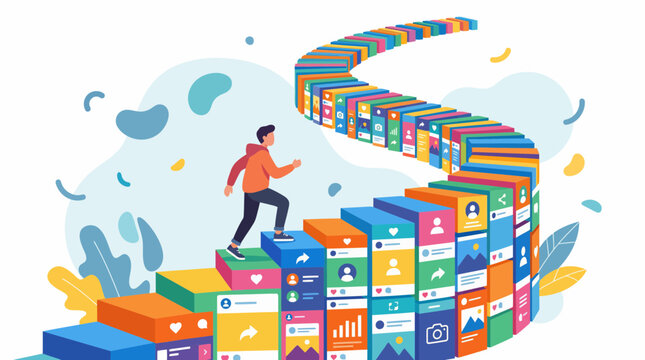 Man Climbing Social Media Interface Stairs Depicting Digital Fatigue