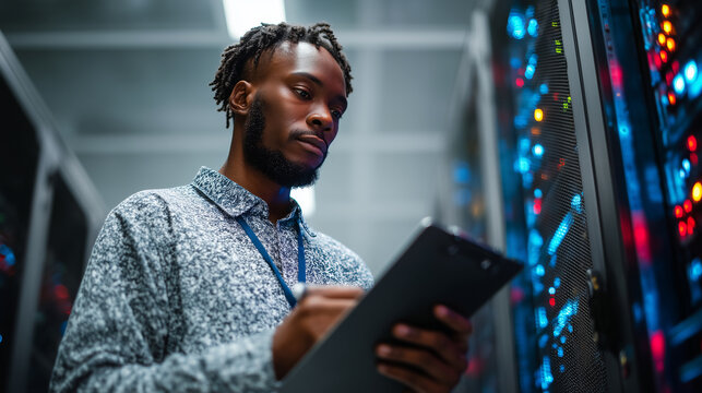 Male IT technician inspecting enterprise server cabinets with a clipboard in a modern data center, verifying equipment status and cable organization, illuminated server racks, clou