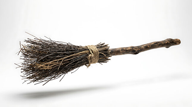 Halloween Witch Broomstick Wooden Stick with Straw Bristles Isolated on White Background