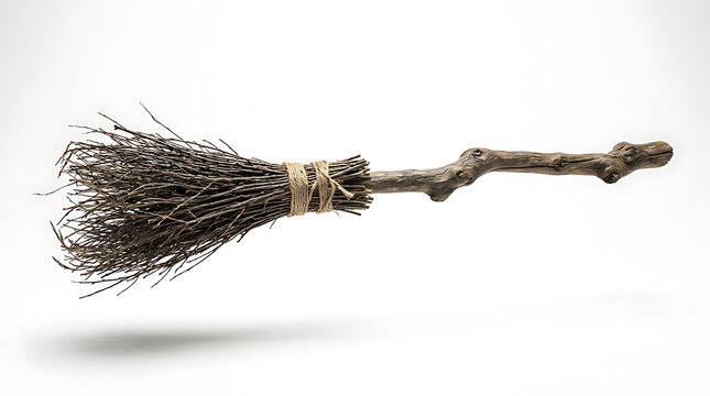 halloween wooden witch broomstick isolated on white background for spooky season decoration