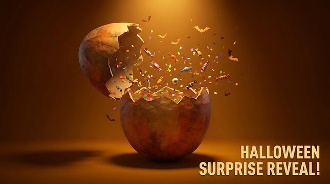 Halloween Cracked Egg With Colorful Candy And Confetti Celebration Surprise Concept