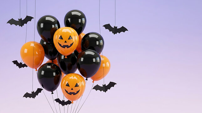 halloween orange and black balloons with jack o lantern faces and flying bats background