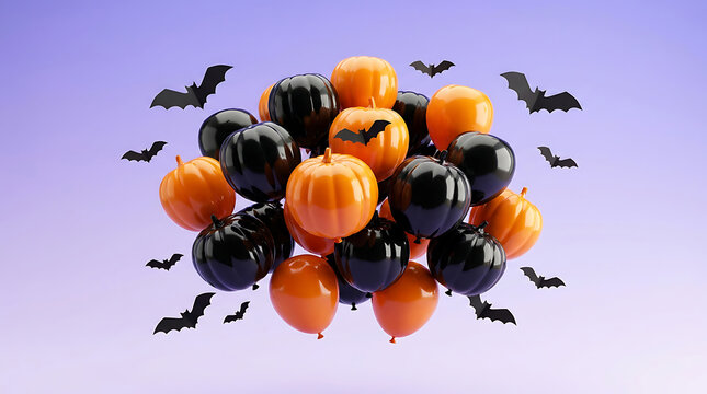 halloween orange and black balloons with flying bats on purple background festive celebration concept