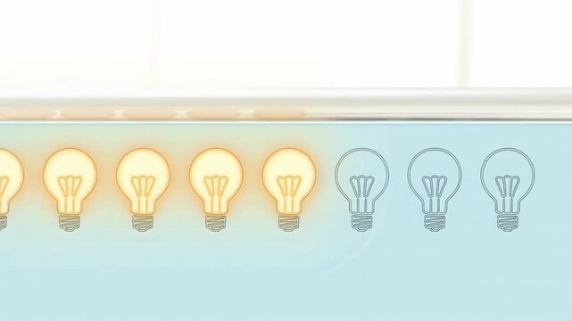 illuminated light bulbs sequentially lighting up in a bright and energetic linear arrangement side view static shot against a neutral background with glass materials.