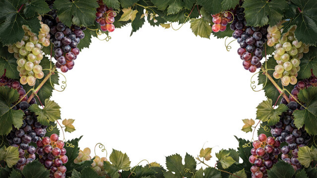 A decorative frame made of lush green grape leaves and clusters of ripe purple and green grapes, isolated on a solid black background for