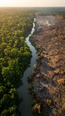 Fototapeta premium Aerial view of a river dividing lush green forest and burnt deforested land. Concept of environmental destruction and climate change. 