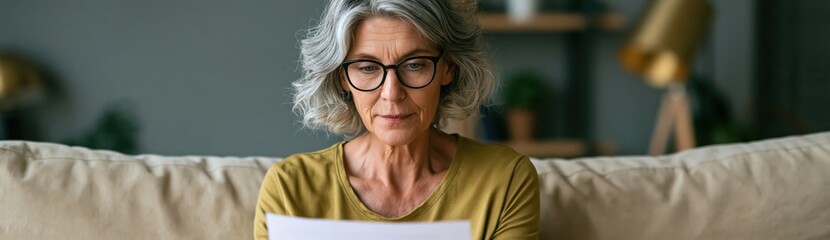Fototapeta premium Mature woman wearing glasses reading a letter on a couch with concentrated expression for lifestyle background and editorial use