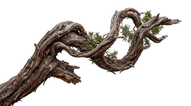 Twisted weathered juniper branch with deadwood and small green foliage cutout on a transparent background