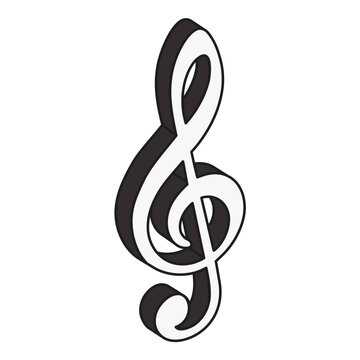 White treble clef symbol 3D music icon clipart with black outline isometric cartoon doodle drawing on transparent background