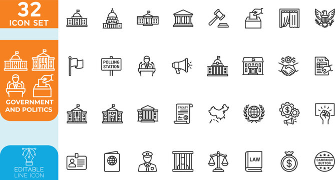 Government and Politics line editable Vector illustration icon set. Law, Justice, Voting, Diplomacy, Policy, Infrastructure, and Civic Leadership. on transparent background.