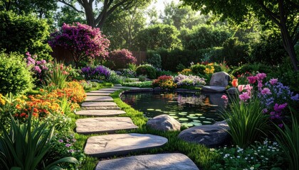 Obraz premium Picturesque backyard with stone path and water feature.