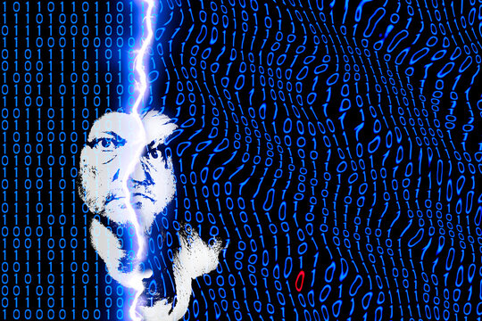Human face divided by flash on digital display with one faulty red zero in blue binary code. Person head split by lightning in half, right and wrong with defect in broken system due to software error.
