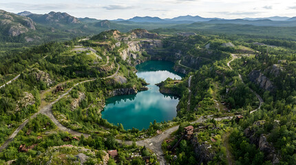 Fototapeta premium Aerial view of a quarry lake, surrounded by lush greenery and winding roads, nestled in a mountainous landscape