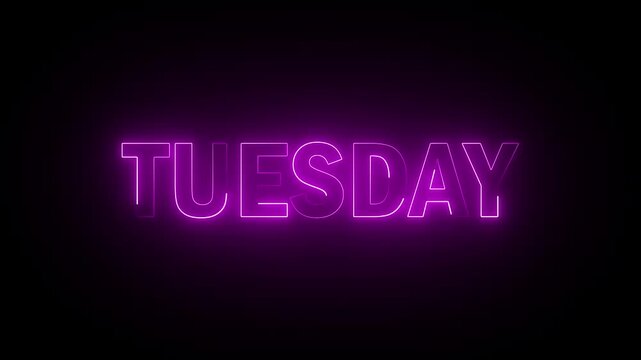 TUESDAY text week name icon animation glowing neon calendar date font letter word banner sign clip art poster template signboard on black background. 4K Motion Graphics