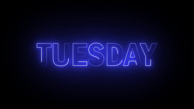 TUESDAY text week name icon animation glowing neon calendar date font letter word banner sign clip art poster template signboard on black background. 4K Motion Graphics