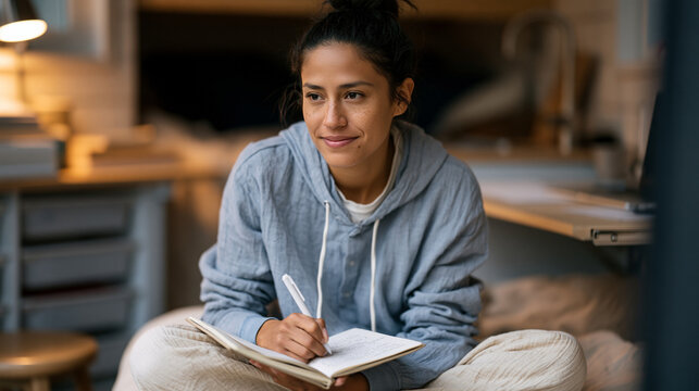 Peruvian woman in her early thirties sitting cross-legged inside a compact tiny house on wheels, journaling near a fold-down desk with organized storage visible, soft morning