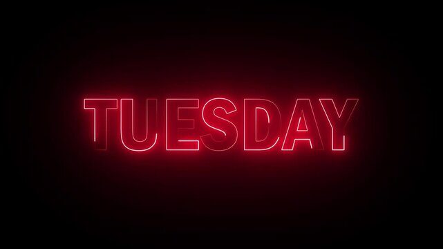 TUESDAY text week name icon animation glowing neon calendar date font letter word banner sign clip art poster template signboard on black background. 4K Motion Graphics