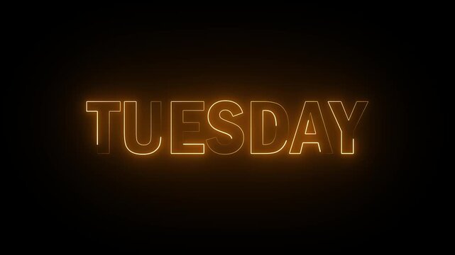 TUESDAY text week name icon animation glowing neon calendar date font letter word banner sign clip art poster template signboard on black background. 4K Motion Graphics