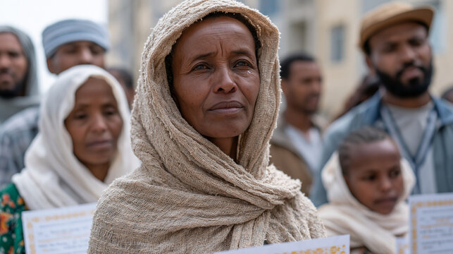 Ethiopian cooperative housing members gathered outside a newly completed mid-rise building holding tenure documents, proud and emotional, midday sun, community land trust