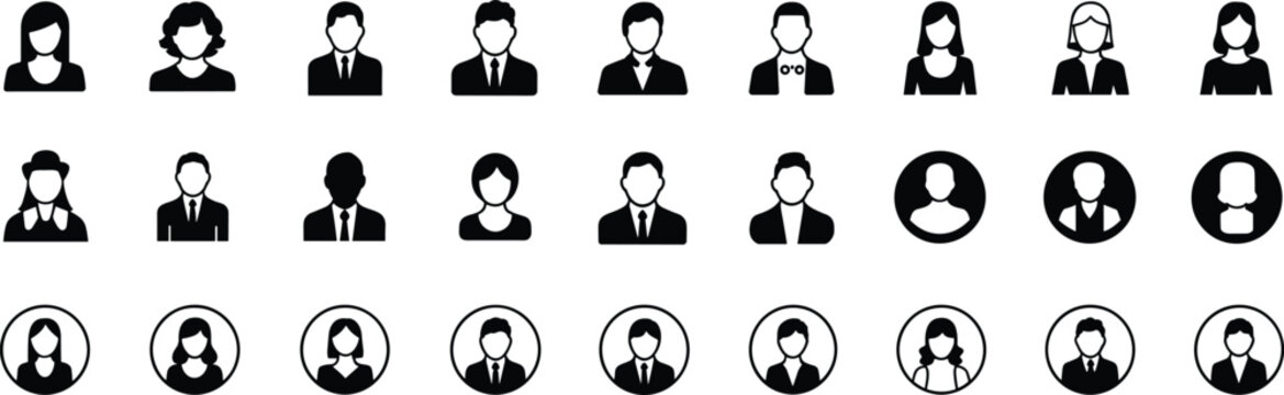 Extensive collection of diverse human avatar in circles and squares for user profiles, business teams, and social media interface