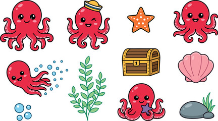 Cute cartoon octopus character vector illustration set with various sea creature poses swimming winking wearing sailor hat and underwater marine elements © MdMehedi