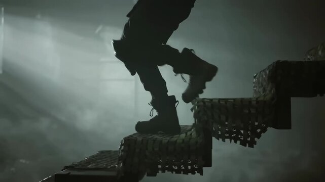 robot walking in industrial setting with concrete blocks and metal structures, mysterious and industrial mood, side view, gray and black color scheme, commercial technology context.