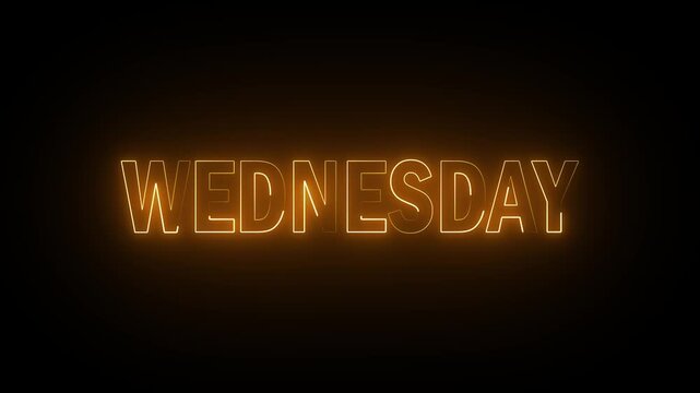 WEDNESDAY text week name icon animation glowing neon calendar date font letter word banner sign clip art poster template signboard on black background. 4K Motion Graphics