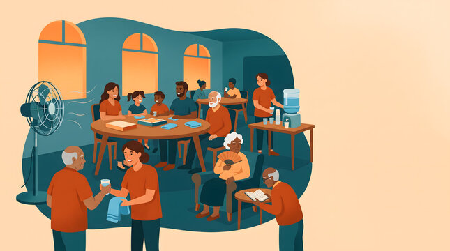 Community center with diverse people staying cool in heatwave