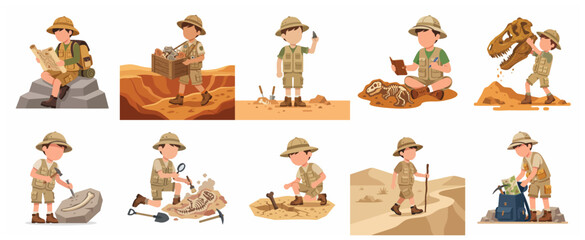 Cute little boy archaeologist and paleontologist character set excavating dinosaur fossils and exploring nature in cartoon vector illustration. © Dedi
