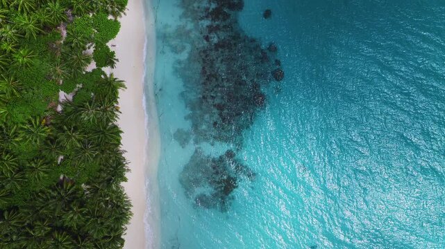 Aerial top down view of Dhigurah, Maldives shows coconut palms, white sand, a shallow turquoise lagoon, dark coral patches, and a tiny human silhouette in bright daylight.
