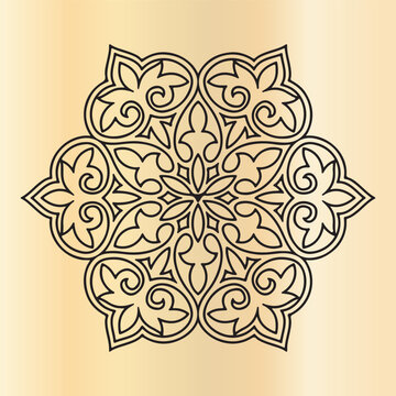 Intricate black mandala with sixfold symmetry on a light gradient background, abstract decorative element.