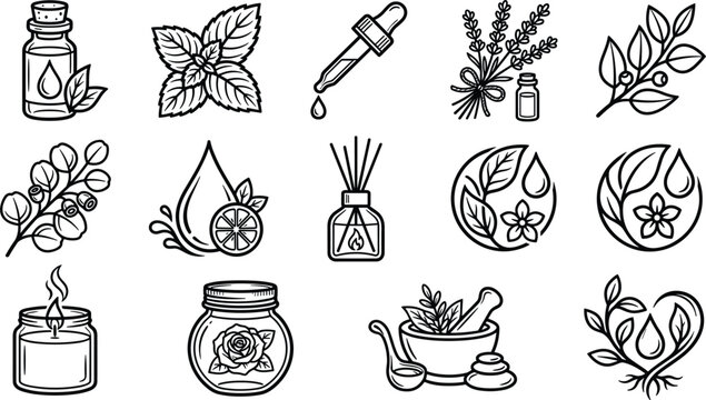 Aromatherapy essential oils and natural spa wellness line icon set with lavender mint dropper bottle reed diffuser and mortar pestle