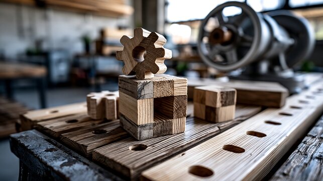 Wooden Gear and Blocks on a Workshop Table with Rustic Background