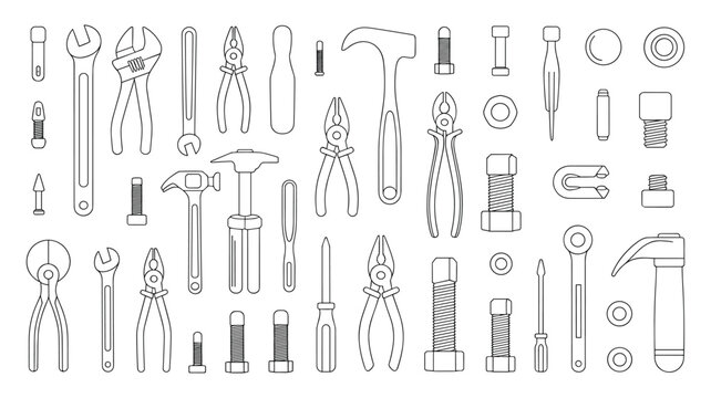 Black and white of various tools and utensils including scissors knives hammers wrenches and measuring devices