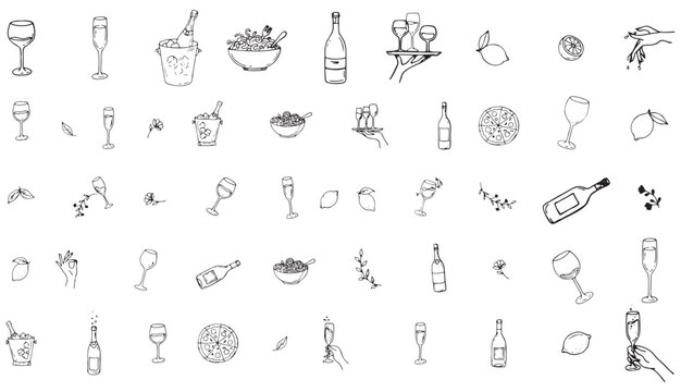 La dolce vita italian sicily style. Hand drawn ink line food and wine or champagne drawings. Sketch style lunch or dinner Illustrations for wedding invitations, cafe or restaurant menus and parties.