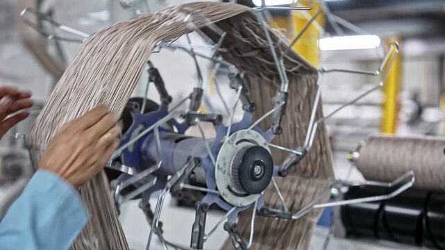 Close-up view of a yarn bobbin and metal winding mechanism inside a textile factory. This video frame shows yarn transfer, bobbin winding, machine detail, production process, and industrial textile wo