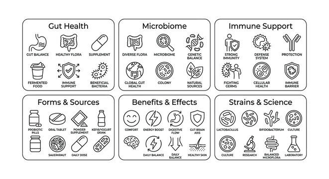Collection Of Flat Vector Icons Representing Gut Health And Immunity