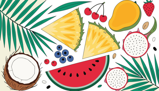 Fresh tropical fruits and palm leaves pattern illustration