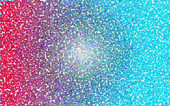 Abstract background with dense distribution of colorful circles fading from red to blue creating vibrant pointillist artistic pattern
