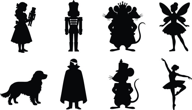 Nutcracker story character silhouettes featuring ballerina, fairy, soldier, mouse king, and classic fantasy figures