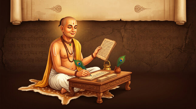 Goswami Tulsidas Writing Sacred Manuscript on Scroll for Tulsidas Jayanti Religious Banner Template