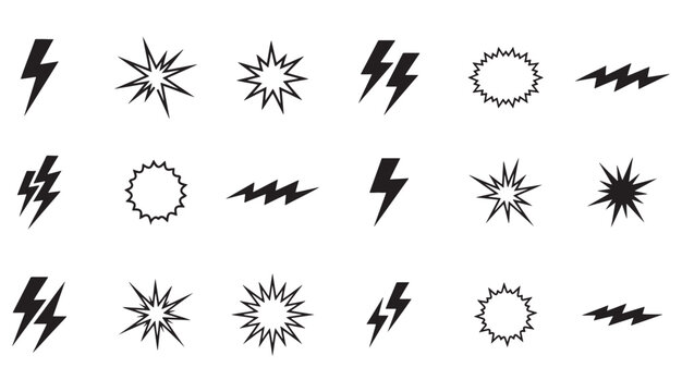 Thunderbolt shock cartoon icons. Yellow lightning burst, shouting, noise and loud sound symbols. Energetic comic electric flashes for action, power, speed, and danger effects. vector illustration eps