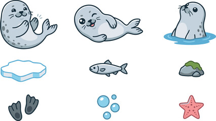 Cute cartoon harbor seal character vector illustration set with various marine mammal poses swimming winking clapping and arctic ice elements © MdMehedi
