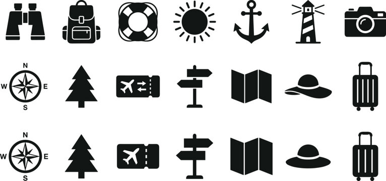 Travel and summer vacation vector icon set with luggage passport ticket map camera compass and cruise adventure element symbols.