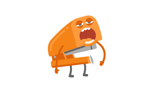 Tired Cartoon Stapler Character Yawning, Exhausted Office Supplies