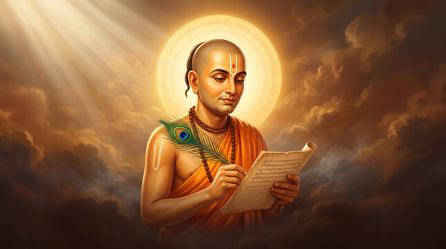 Goswami Tulsidas Composing Sacred Scripture with Peacock Feather for Tulsidas Jayanti Religious Artwork