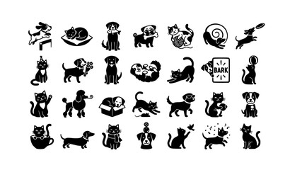 Fototapeta premium Playful Black and White Cartoon Cats and Dogs Vector Character Set for Kids Nursery and Mascot Design